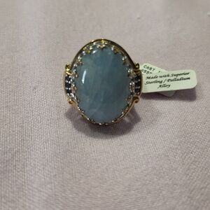 Sterling/Palladium Aquamarine Oval Statement Ring with Gold Accents - Light Blue